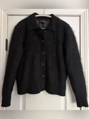 VTG Venesha 80% Angora Black Button-Up Sweater L Grandmacore Cozy Monochrome EUC